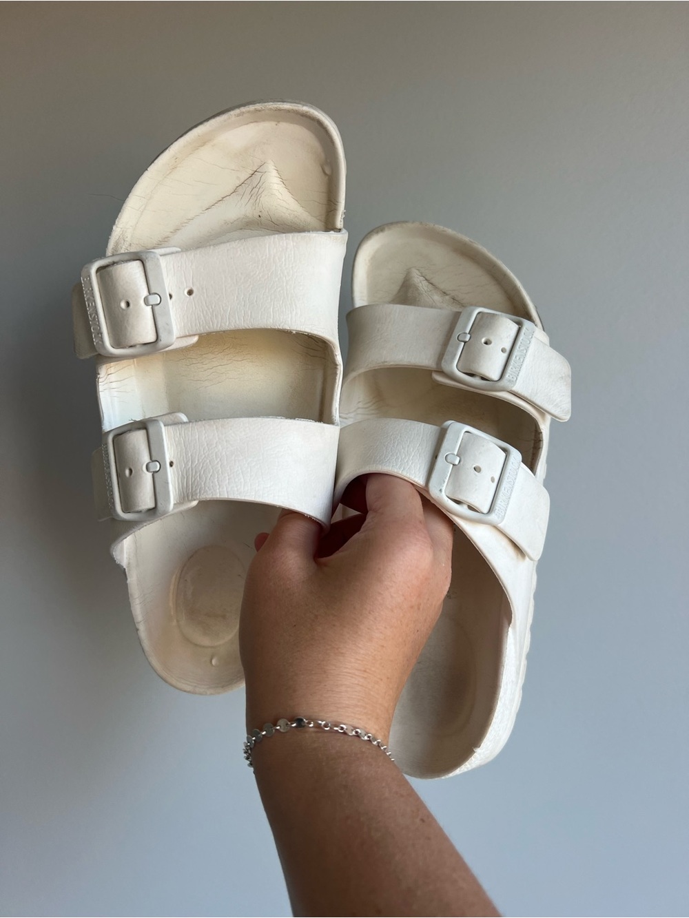 Rubber Birkenstock White Double-Strap Buckle Slides